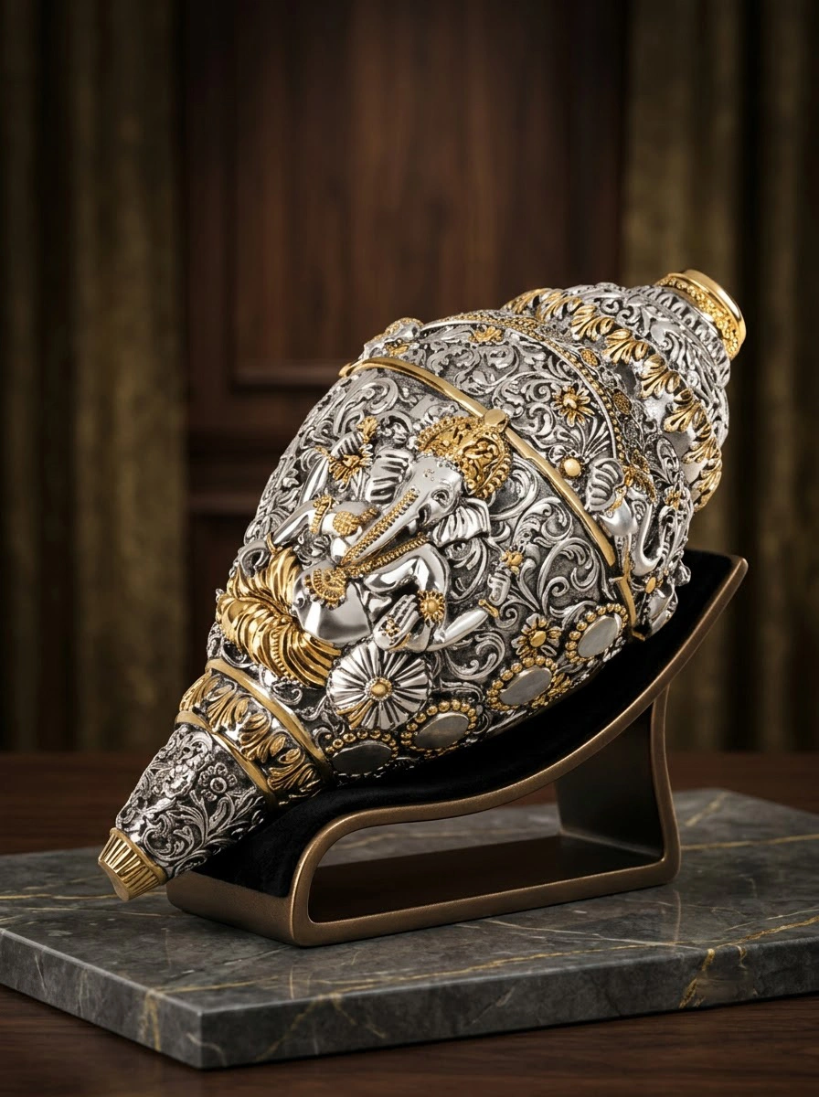 Ganesh Shankh Dual Tone Antiq Silver & Gold