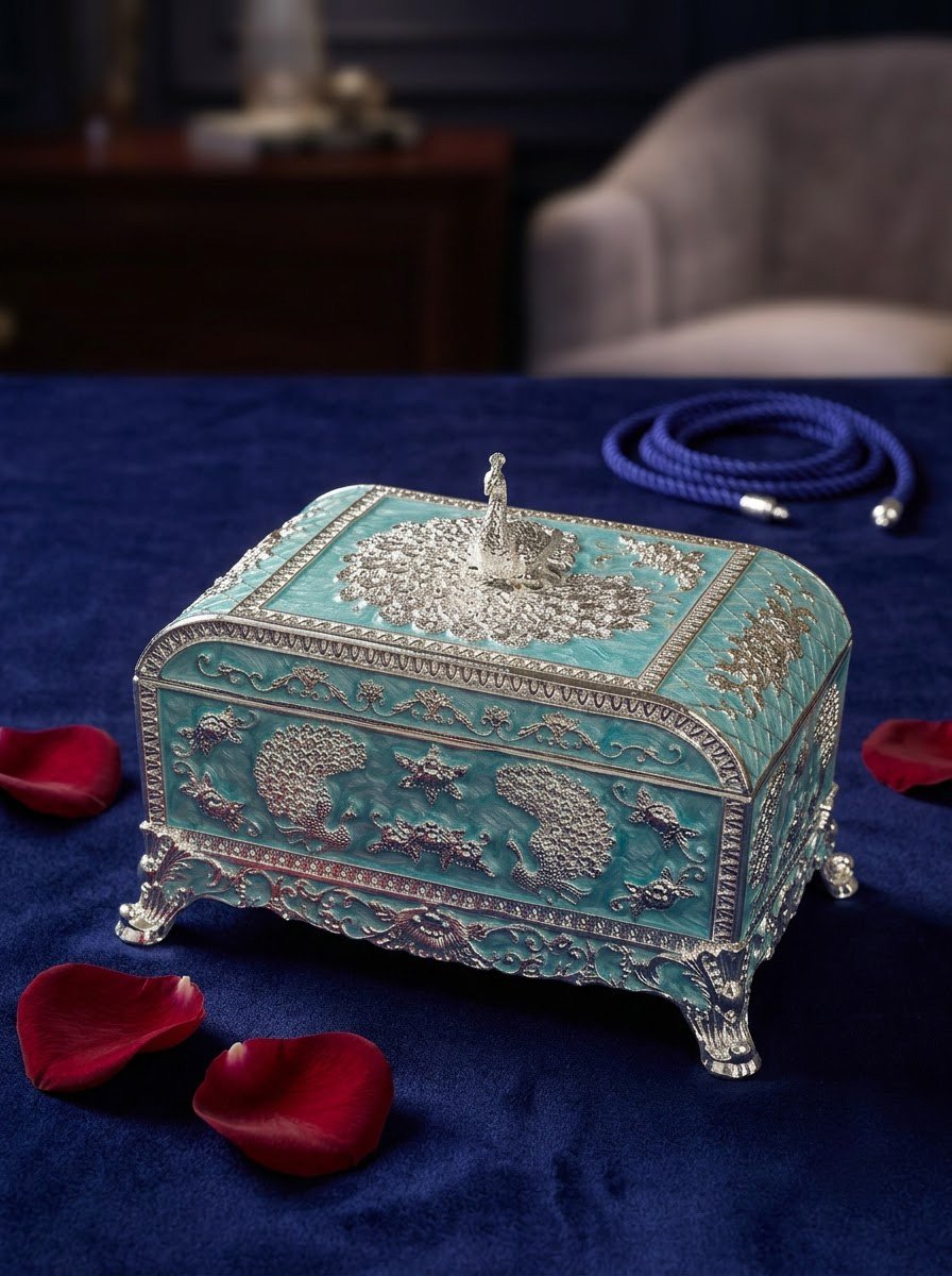 Peacock Jewellery Box- Blue Enamel