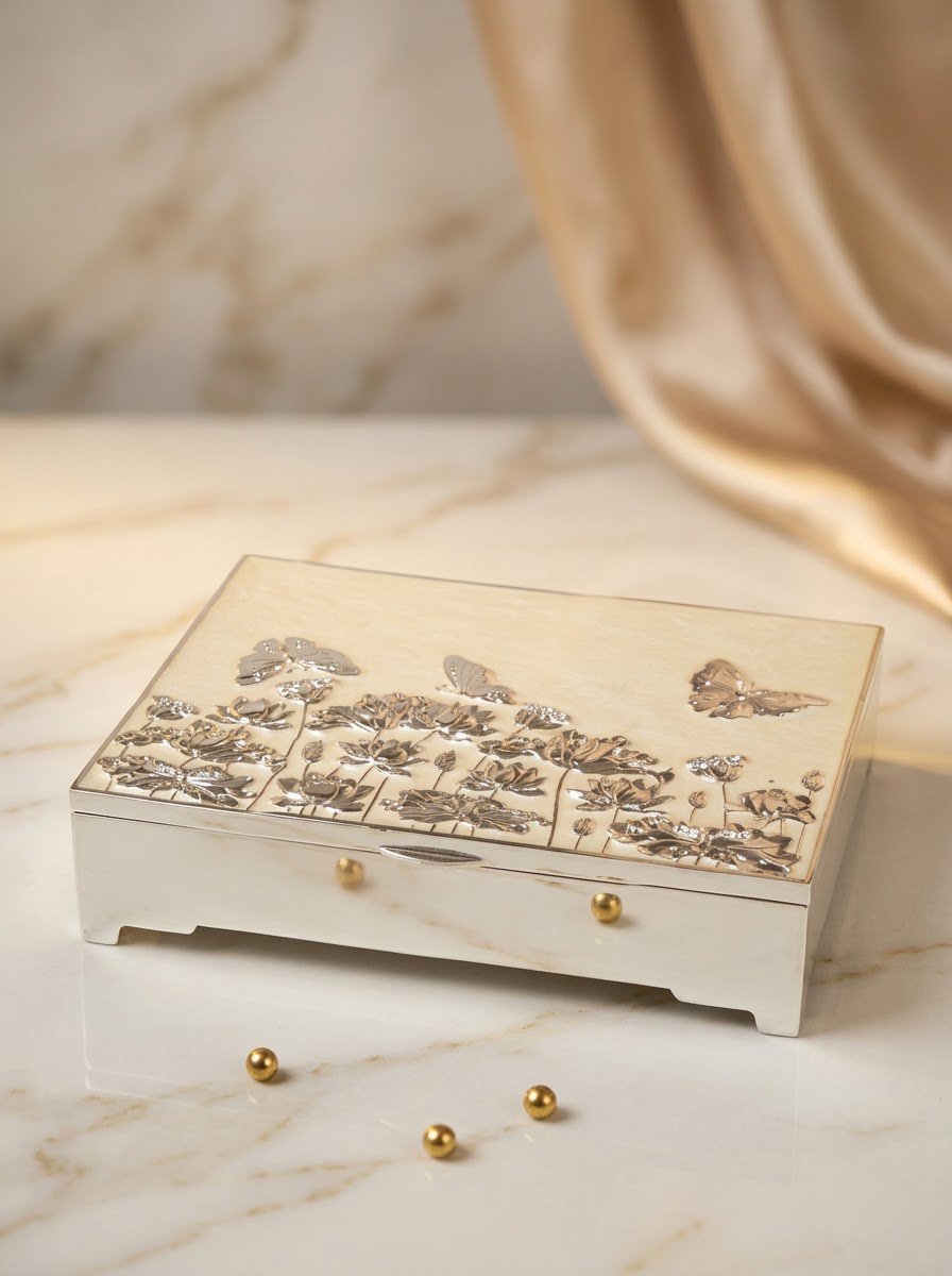 Square Butterfly Jewellery Box Cream Enamel
