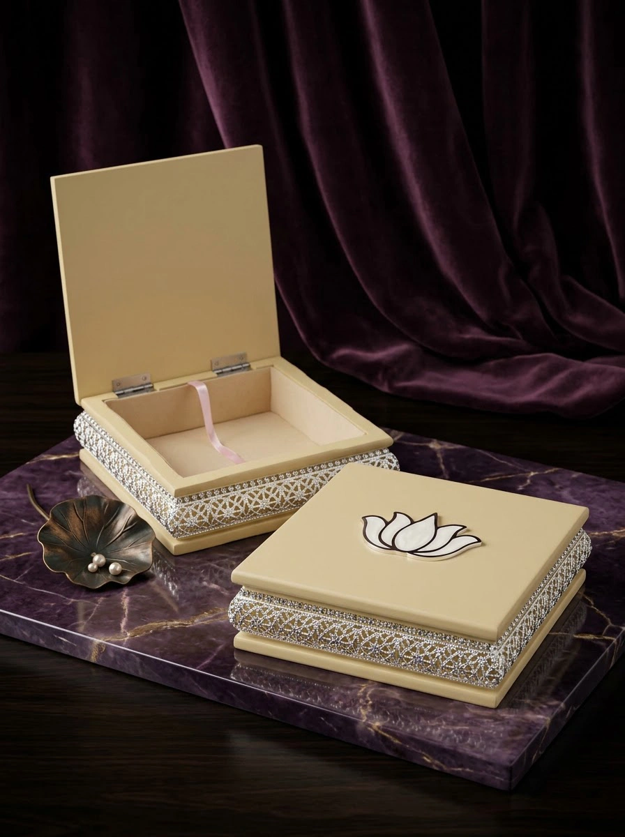 Light Beige Wooden Box W/Flower EPOXY- Silver Plated Small