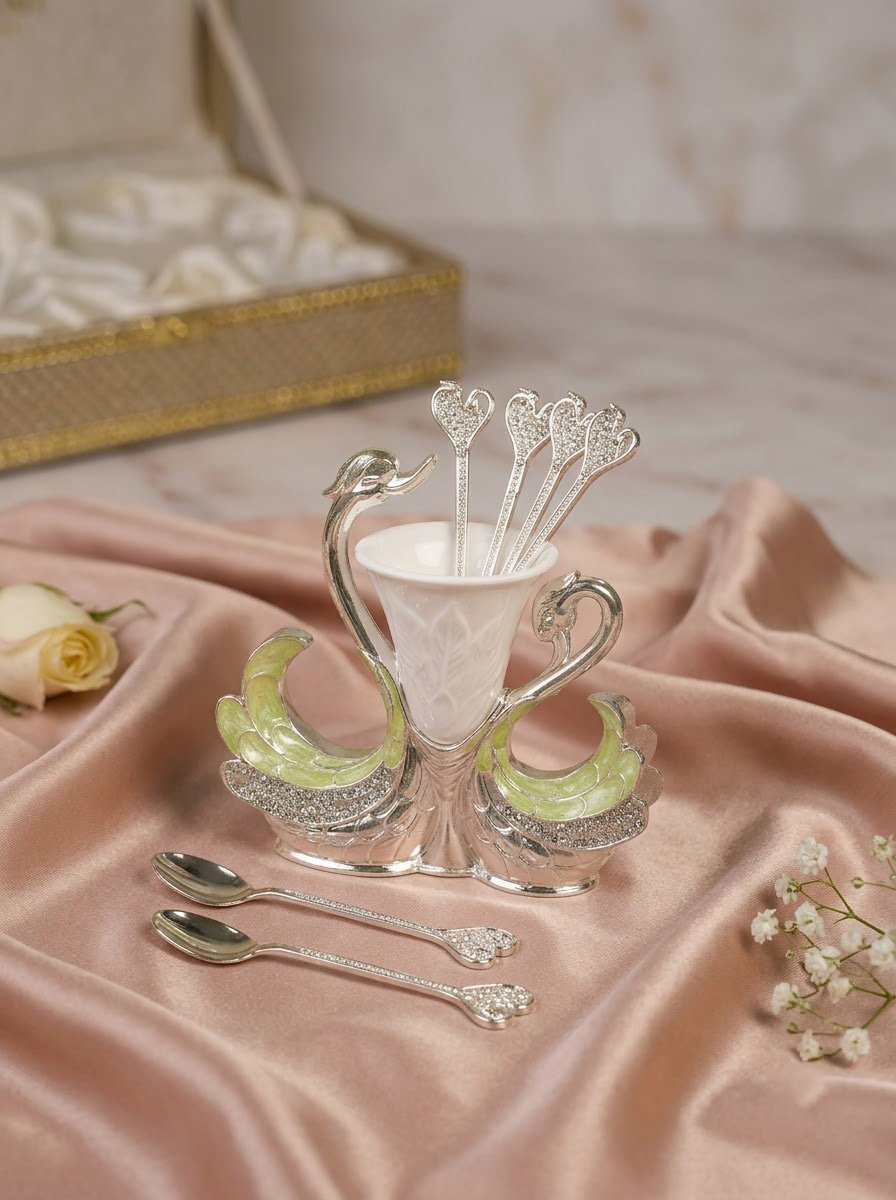 Pair of Swan Spoon Holder with 6 Spoons- Green Enamel